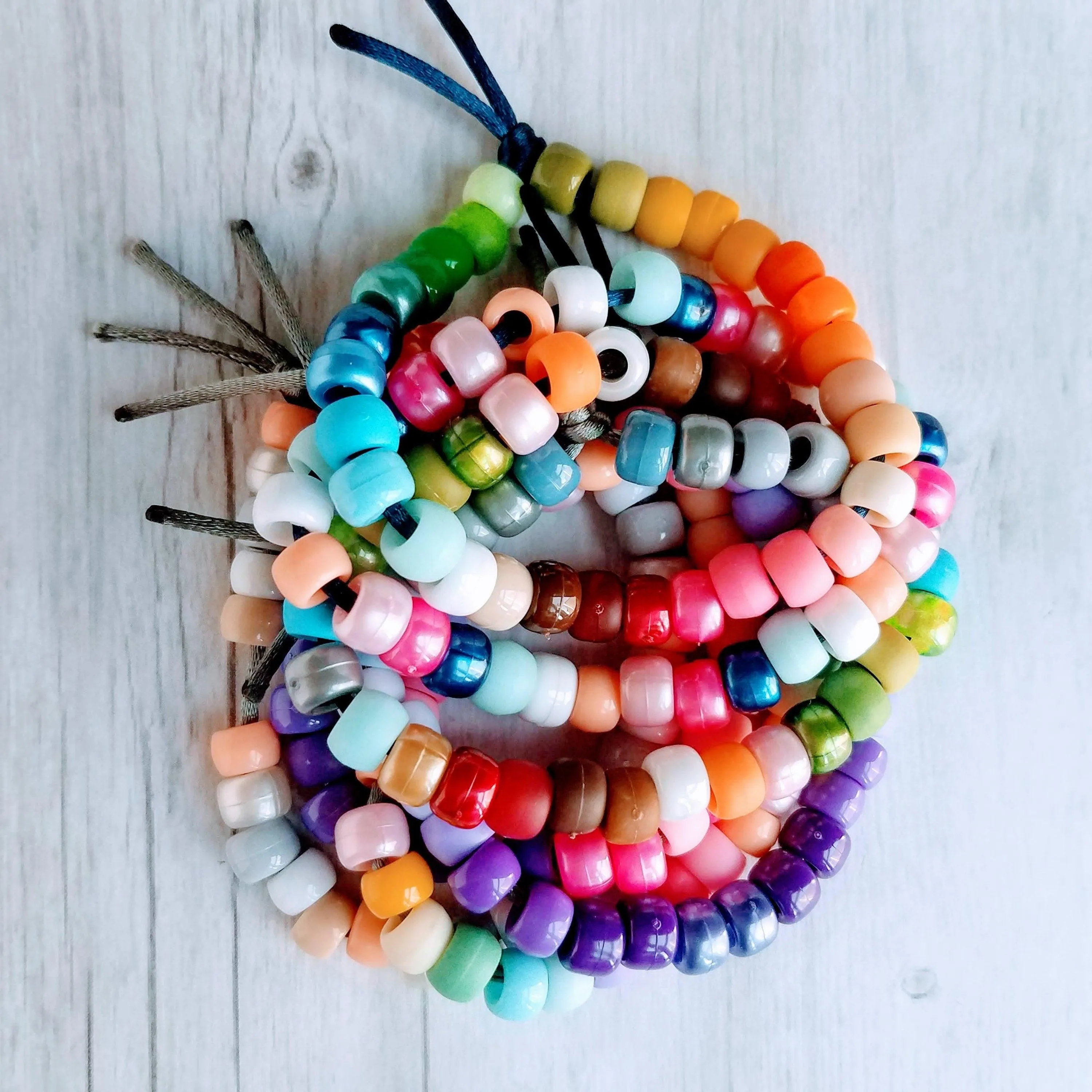 Pastel Rainbow Bracelet, pastel bead bracelet, tie on bracelet, cord bracelet, large crow beads, faux glass bead bracelet, chunky mix colors
