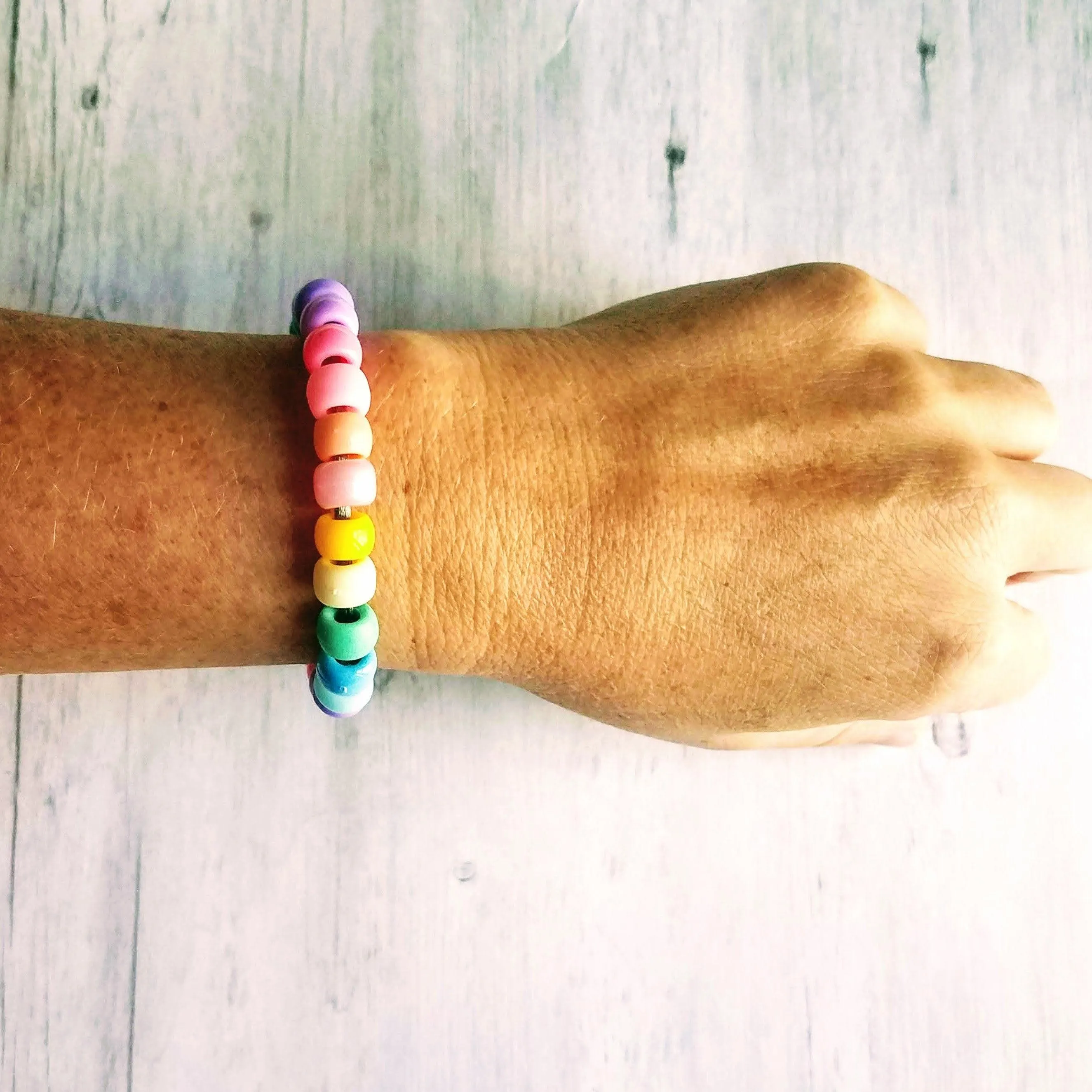 Pastel Rainbow Bracelet, pastel bead bracelet, tie on bracelet, cord bracelet, large crow beads, faux glass bead bracelet, chunky mix colors