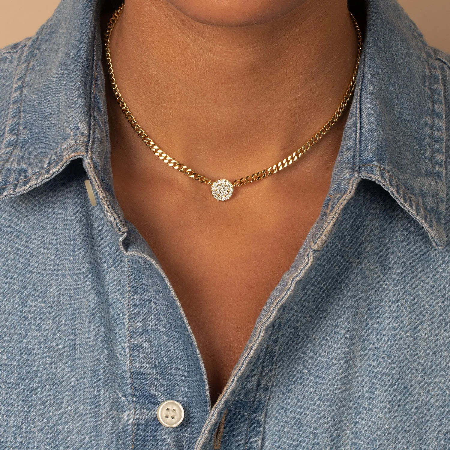 Pave Disc Cuban Link Pendant Necklace