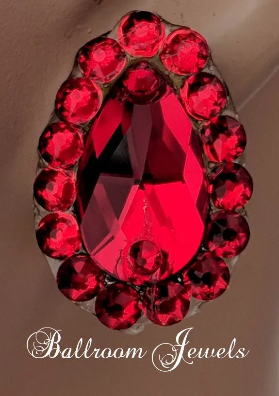 Pear crystal ballroom earrings  -  light siam red