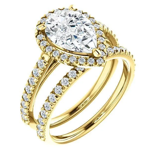 Pear Moissanite Diamond Accent Ice Halo Cathedral Ring