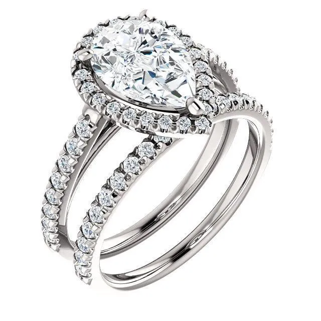 Pear Moissanite Diamond Accent Ice Halo Cathedral Ring