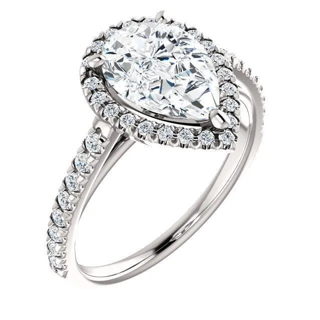 Pear Moissanite Diamond Accent Ice Halo Cathedral Ring