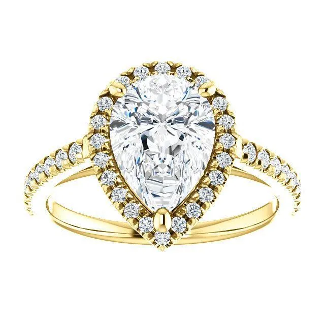 Pear Moissanite Diamond Accent Ice Halo Cathedral Ring