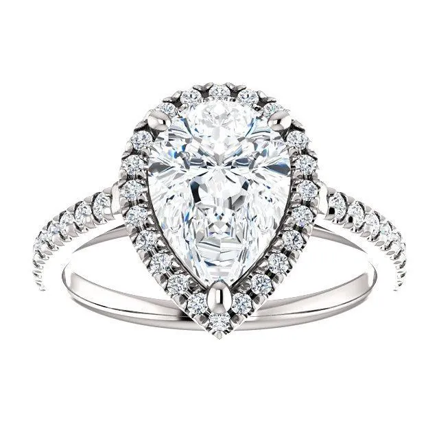 Pear Moissanite Diamond Accent Ice Halo Cathedral Ring