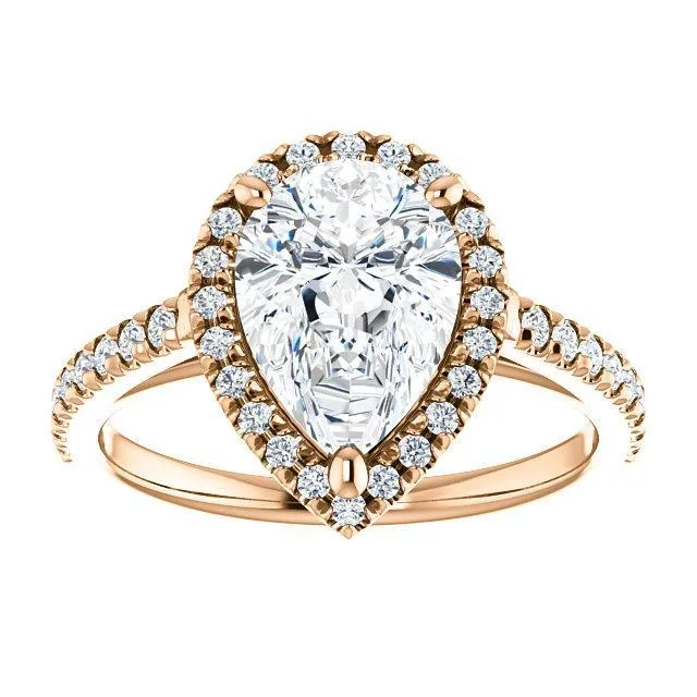 Pear Moissanite Diamond Accent Ice Halo Cathedral Ring