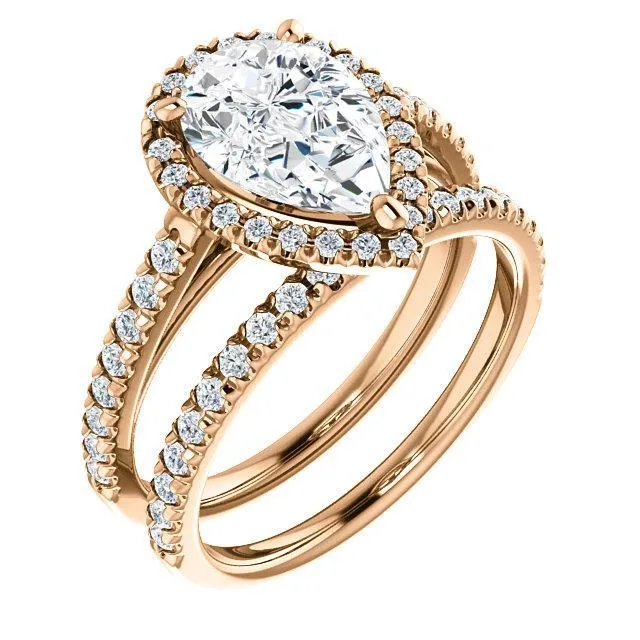 Pear Moissanite Diamond Accent Ice Halo Cathedral Ring