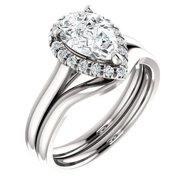 Pear Moissanite Diamond Accent Ice Halo French-Set Ring