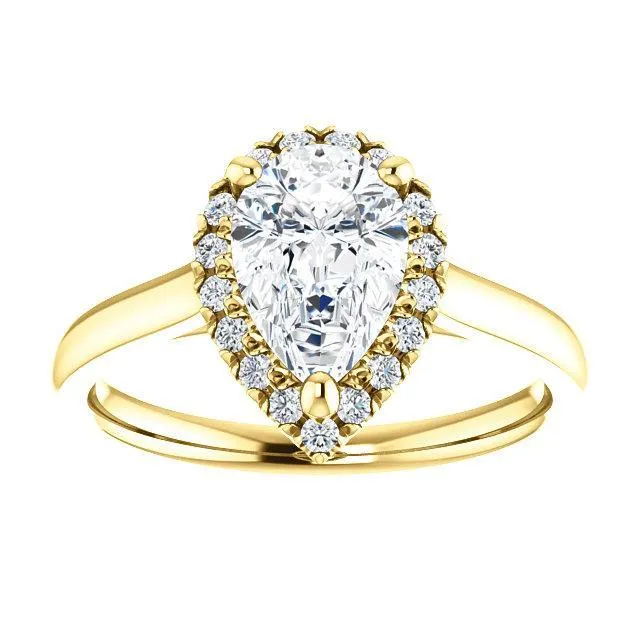 Pear Moissanite Diamond Accent Ice Halo French-Set Ring