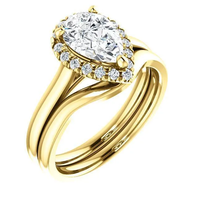 Pear Moissanite Diamond Accent Ice Halo French-Set Ring