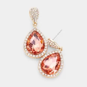 Pear Peach Crystal Pave Trim Evening Earrings