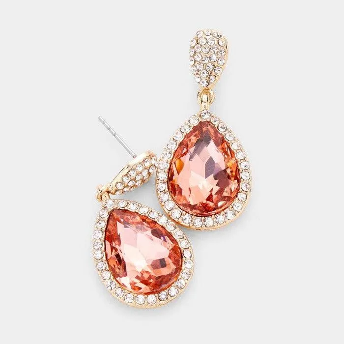Pear Peach Crystal Pave Trim Evening Earrings