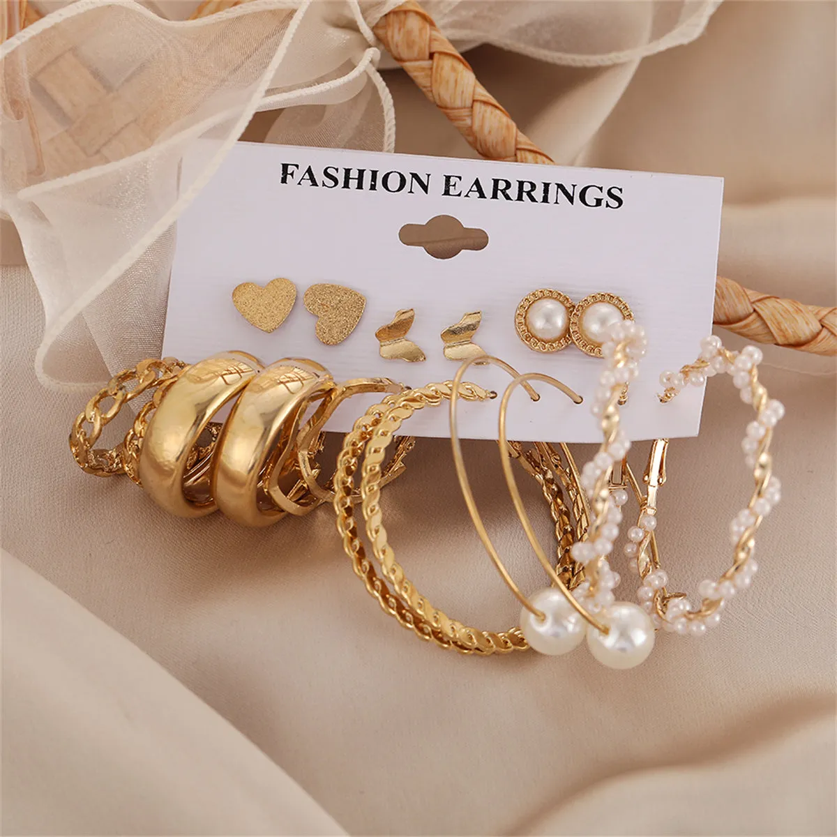 Pearl & 18K Gold-Plated Decorative Hoop Earring Set