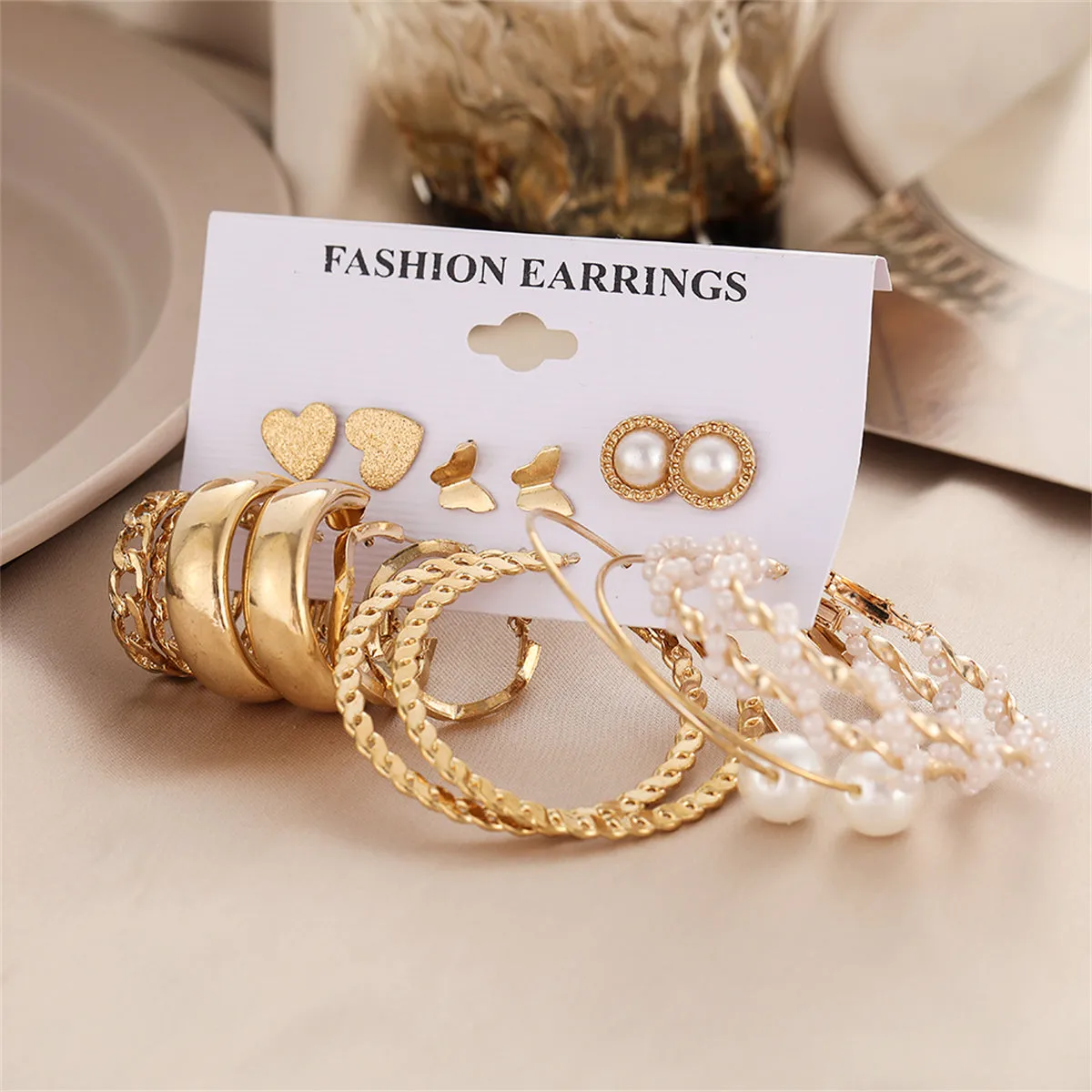 Pearl & 18K Gold-Plated Decorative Hoop Earring Set