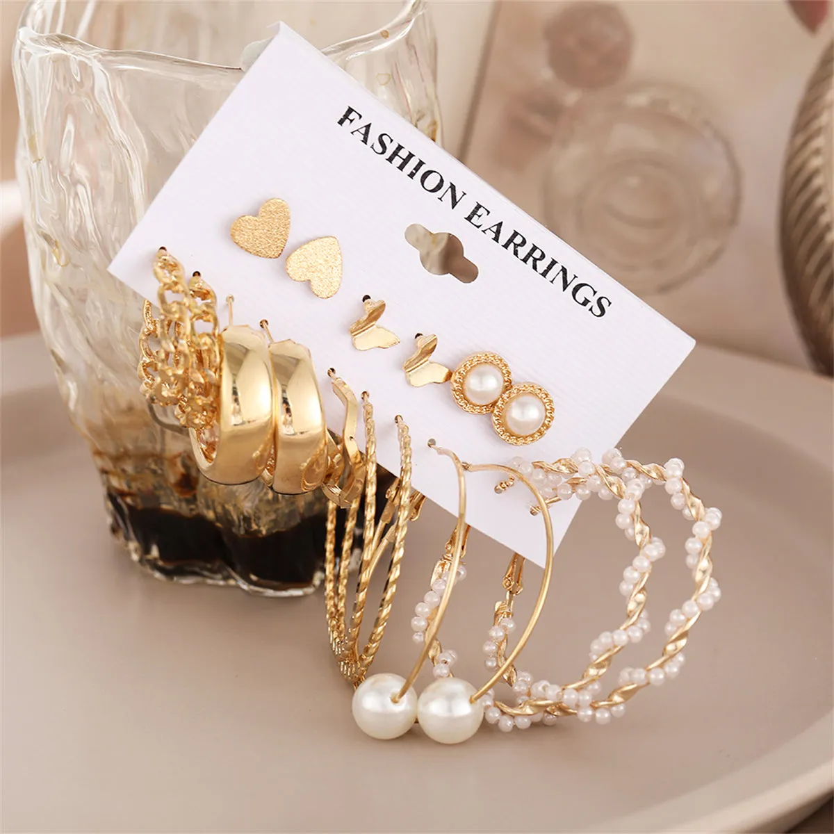 Pearl & 18K Gold-Plated Decorative Hoop Earring Set