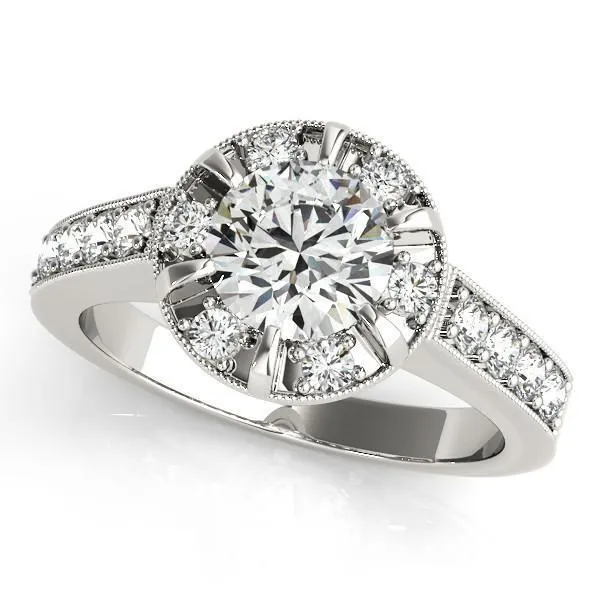 Petrina Round Center Stone Diamond 6 Prong Halo with Milgrain Engagement Ring