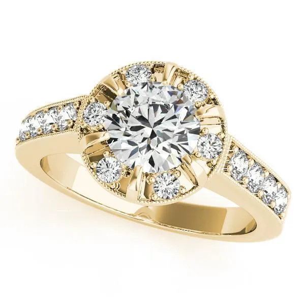 Petrina Round Center Stone Diamond 6 Prong Halo with Milgrain Engagement Ring