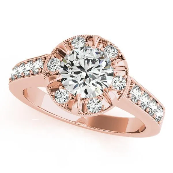 Petrina Round Center Stone Diamond 6 Prong Halo with Milgrain Engagement Ring