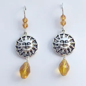 Pewter & Sterling Silver Sun with face dangle earrings-celestial,sky, crystal