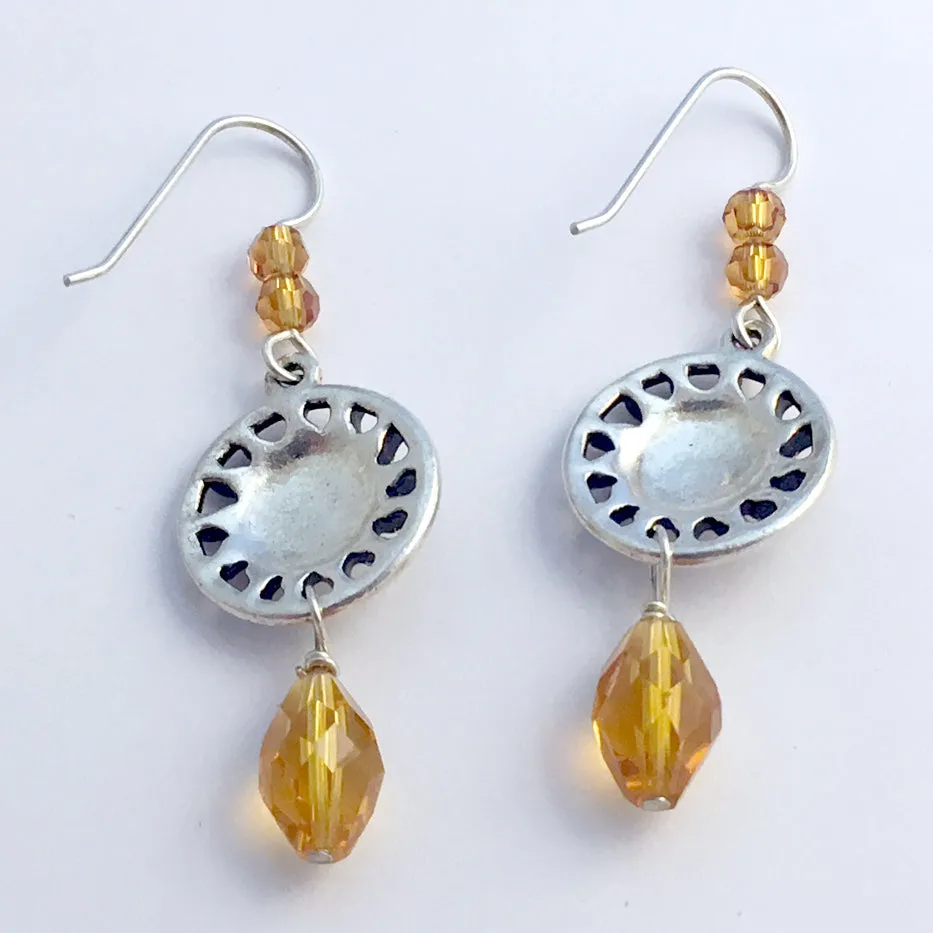 Pewter & Sterling Silver Sun with face dangle earrings-celestial,sky, crystal
