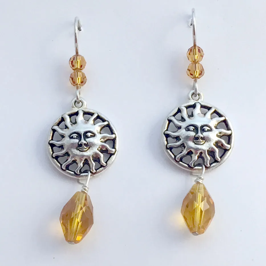 Pewter & Sterling Silver Sun with face dangle earrings-celestial,sky, crystal