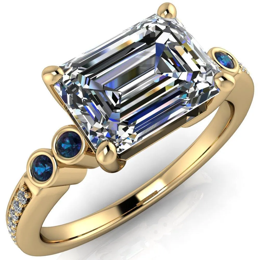 Philippa Emerald Moissanite 4 Alexandrite Sides 4 Prong Under Bezel Multi Stone Engagement Ring