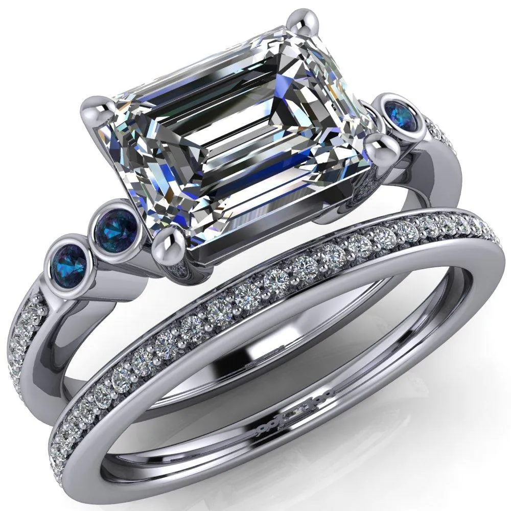 Philippa Emerald Moissanite 4 Alexandrite Sides 4 Prong Under Bezel Multi Stone Engagement Ring
