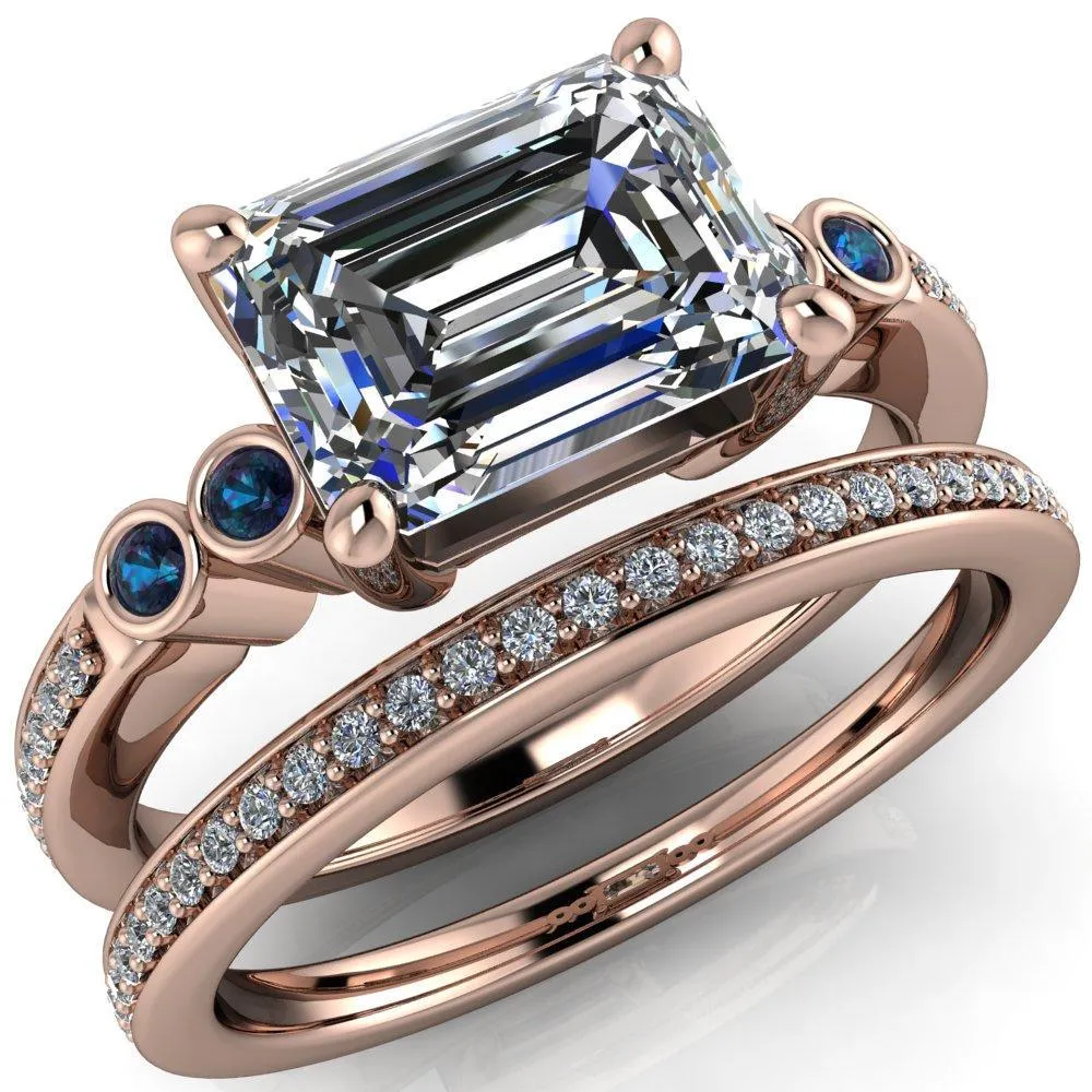 Philippa Emerald Moissanite 4 Alexandrite Sides 4 Prong Under Bezel Multi Stone Engagement Ring