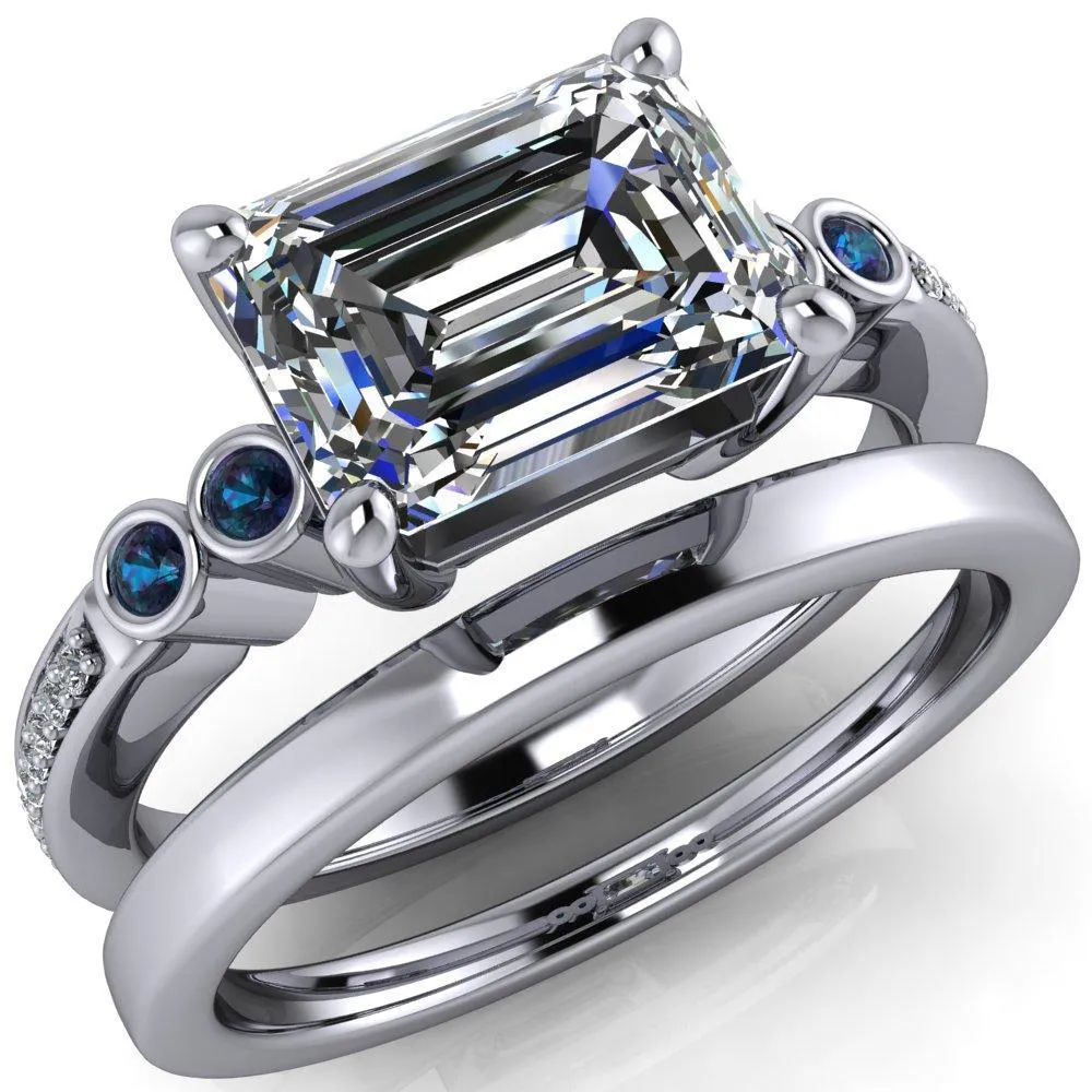 Philippa Emerald Moissanite 4 Alexandrite Sides 4 Prong Under Bezel Multi Stone Engagement Ring