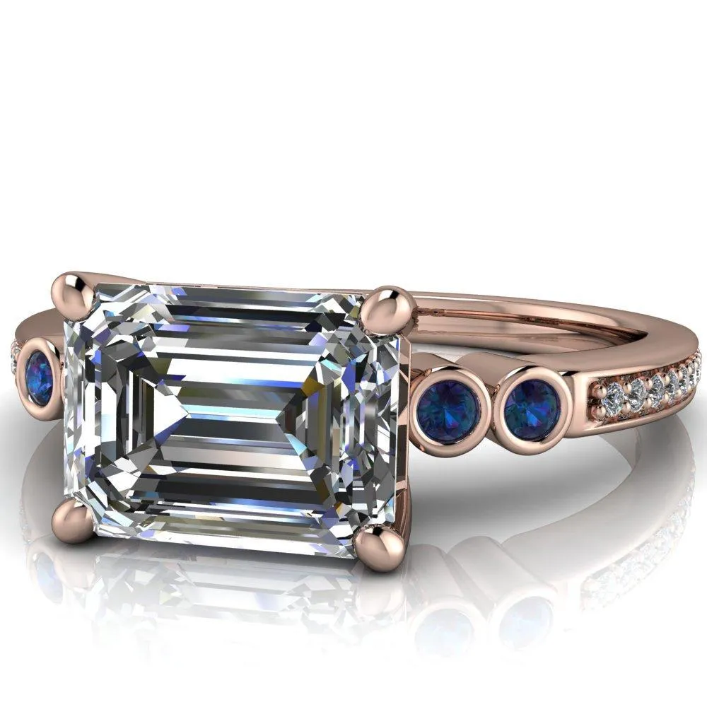 Philippa Emerald Moissanite 4 Alexandrite Sides 4 Prong Under Bezel Multi Stone Engagement Ring