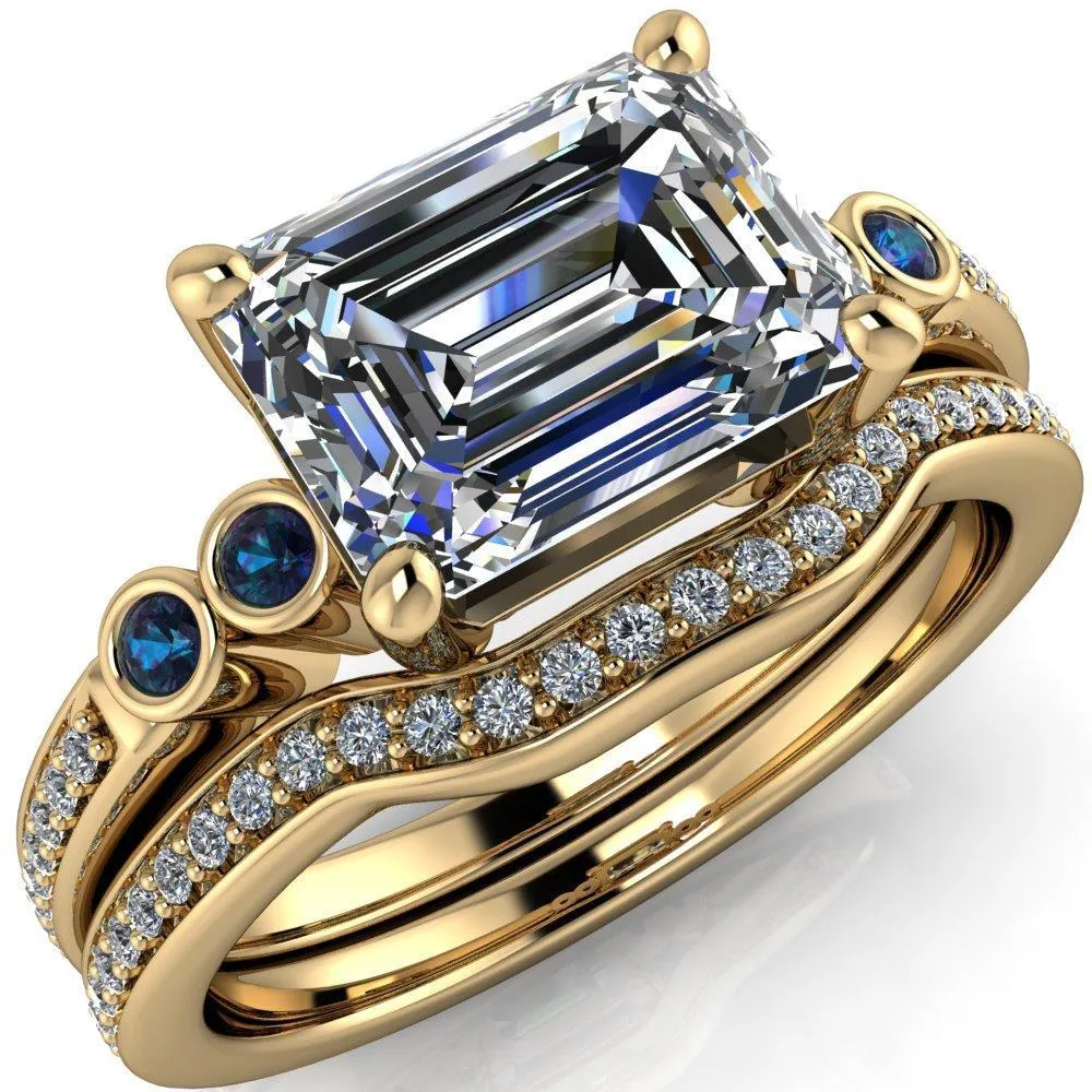 Philippa Emerald Moissanite 4 Alexandrite Sides 4 Prong Under Bezel Multi Stone Engagement Ring