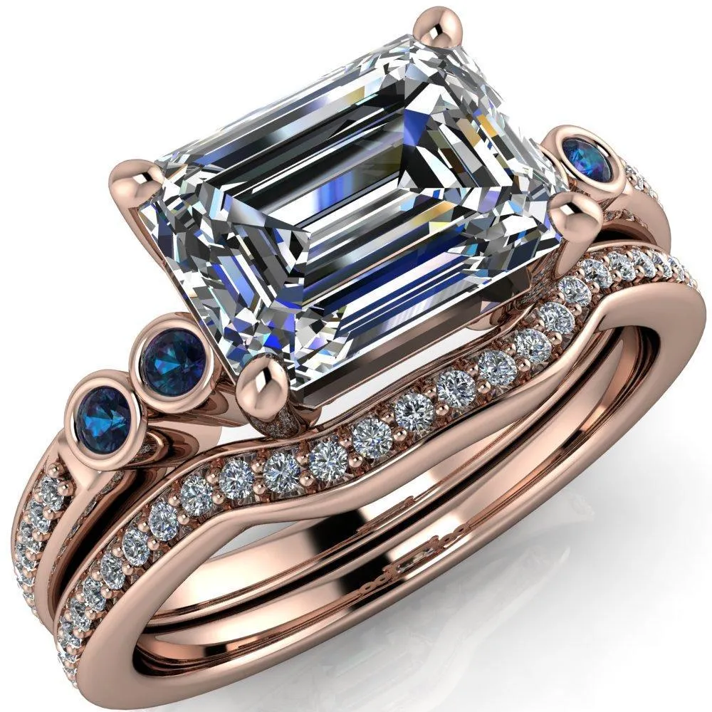 Philippa Emerald Moissanite 4 Alexandrite Sides 4 Prong Under Bezel Multi Stone Engagement Ring