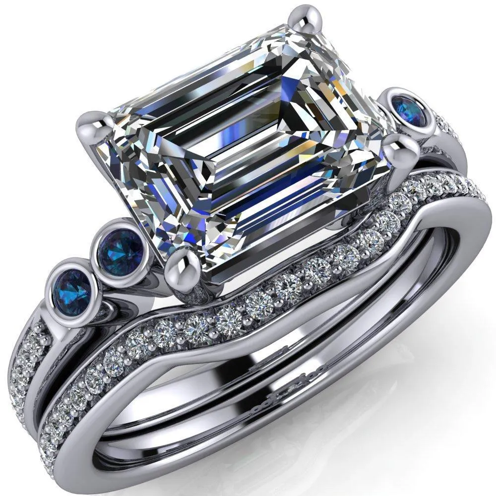 Philippa Emerald Moissanite 4 Alexandrite Sides 4 Prong Under Bezel Multi Stone Engagement Ring