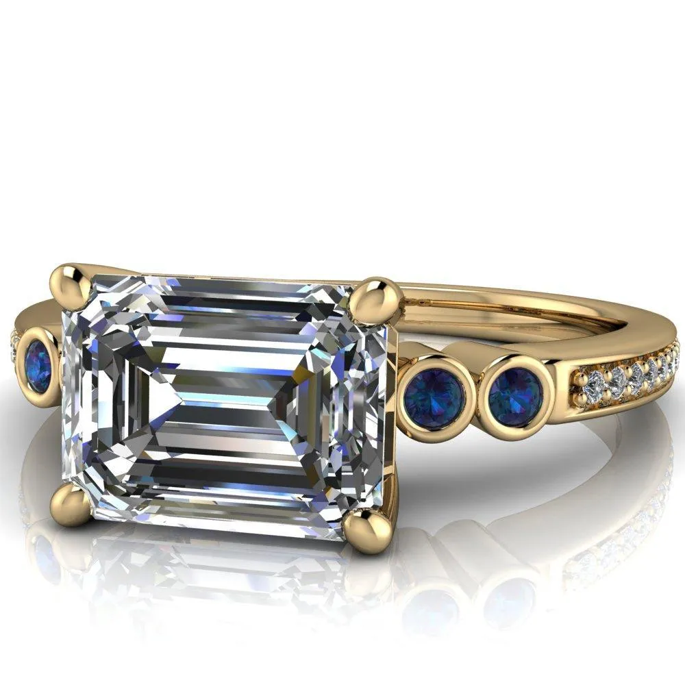 Philippa Emerald Moissanite 4 Alexandrite Sides 4 Prong Under Bezel Multi Stone Engagement Ring