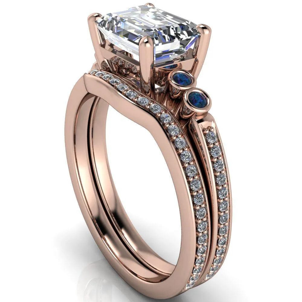 Philippa Emerald Moissanite 4 Alexandrite Sides 4 Prong Under Bezel Multi Stone Engagement Ring
