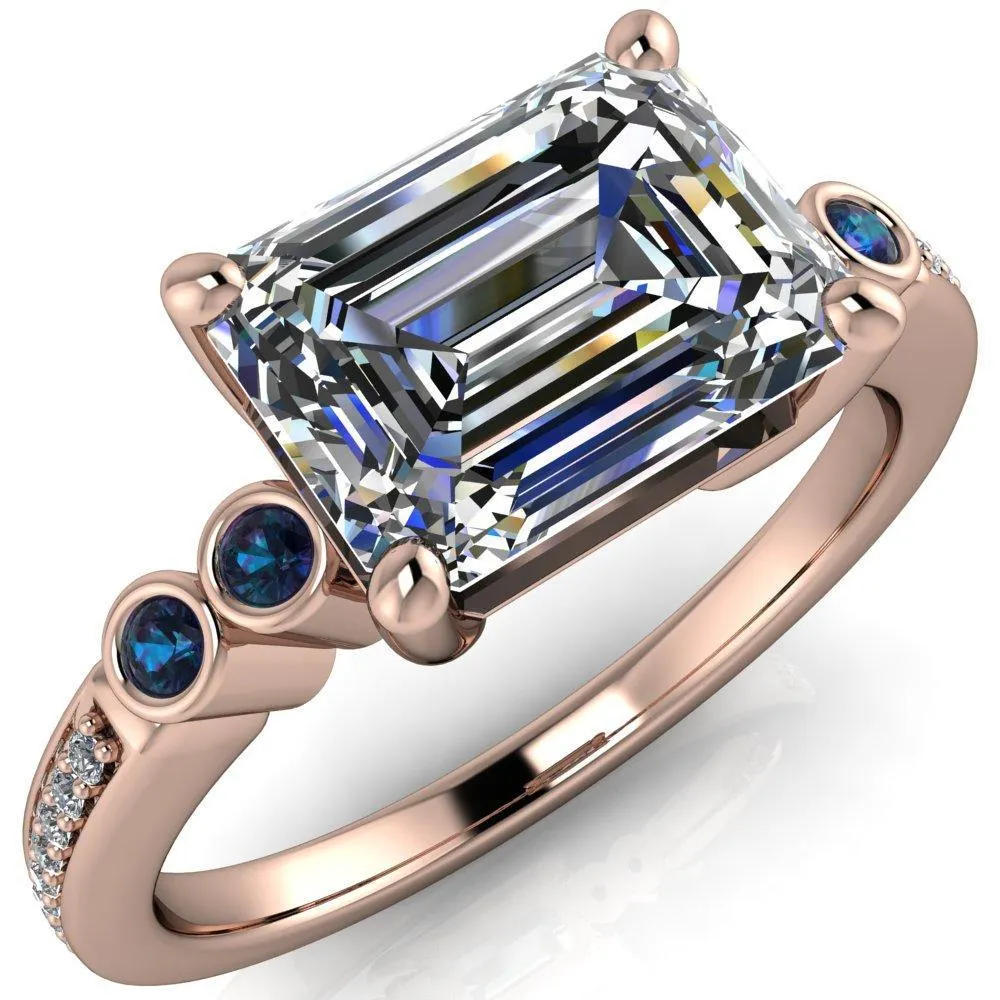 Philippa Emerald Moissanite 4 Alexandrite Sides 4 Prong Under Bezel Multi Stone Engagement Ring