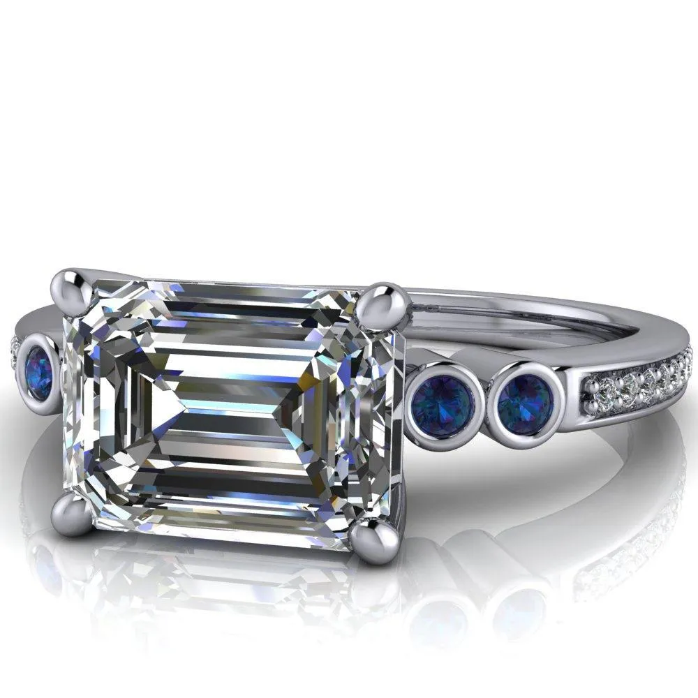 Philippa Emerald Moissanite 4 Alexandrite Sides 4 Prong Under Bezel Multi Stone Engagement Ring