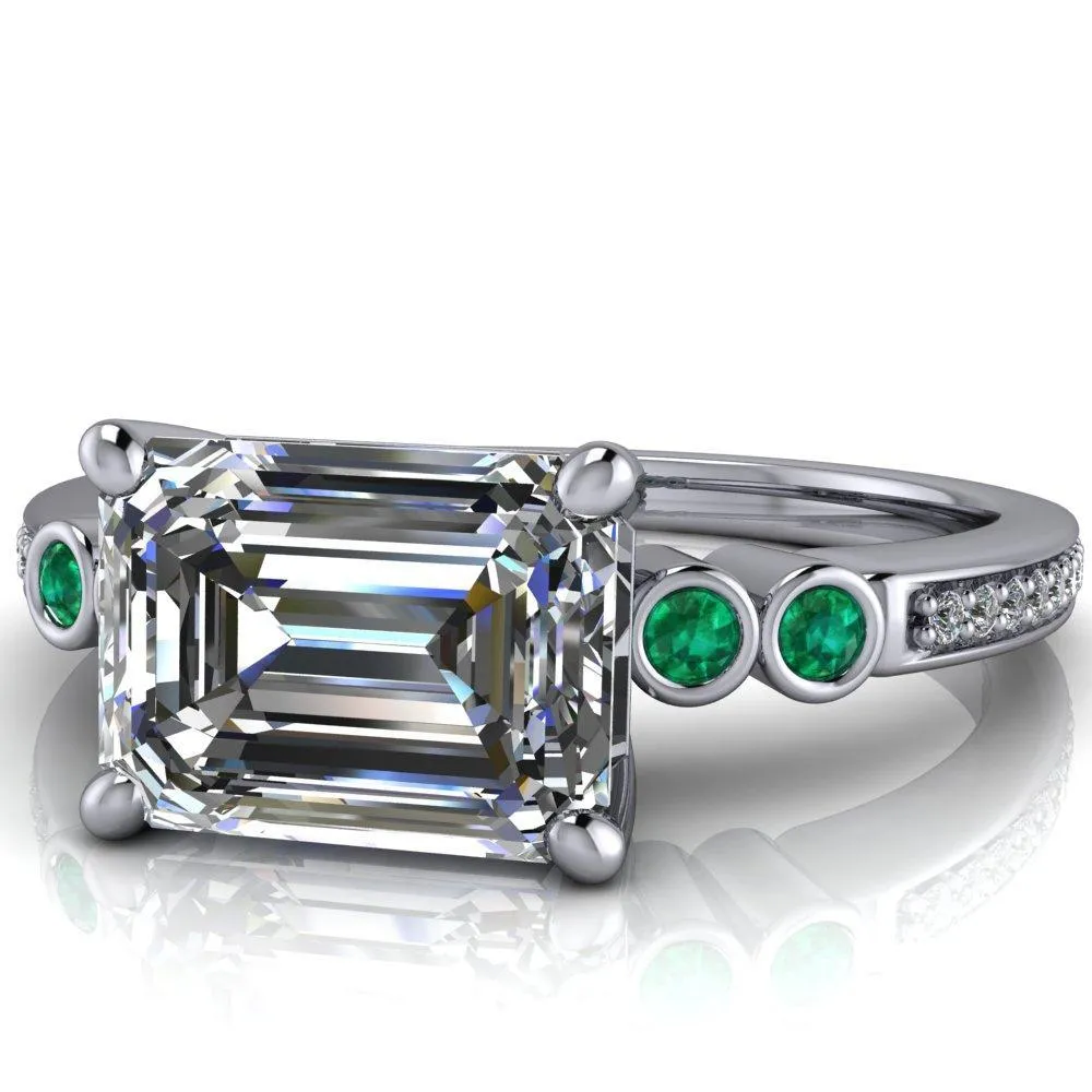 Philippa Emerald Moissanite 4 Emerald Sides 4 Prong Under Bezel Multi Stone Engagement Ring