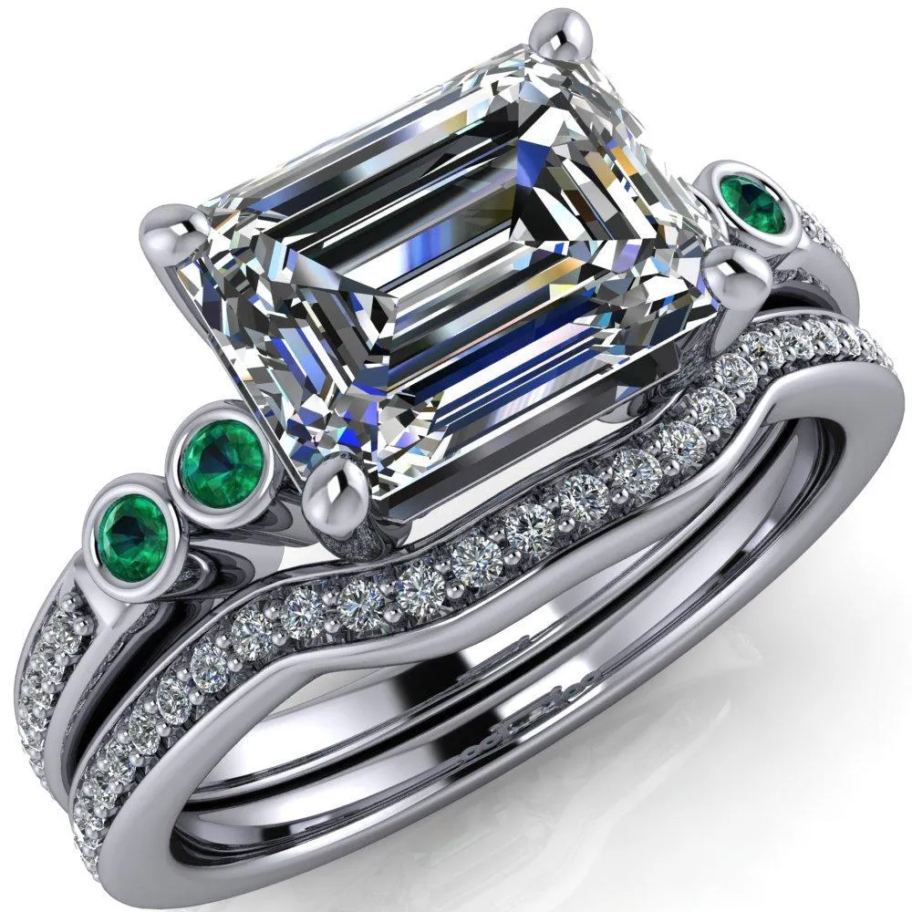 Philippa Emerald Moissanite 4 Emerald Sides 4 Prong Under Bezel Multi Stone Engagement Ring