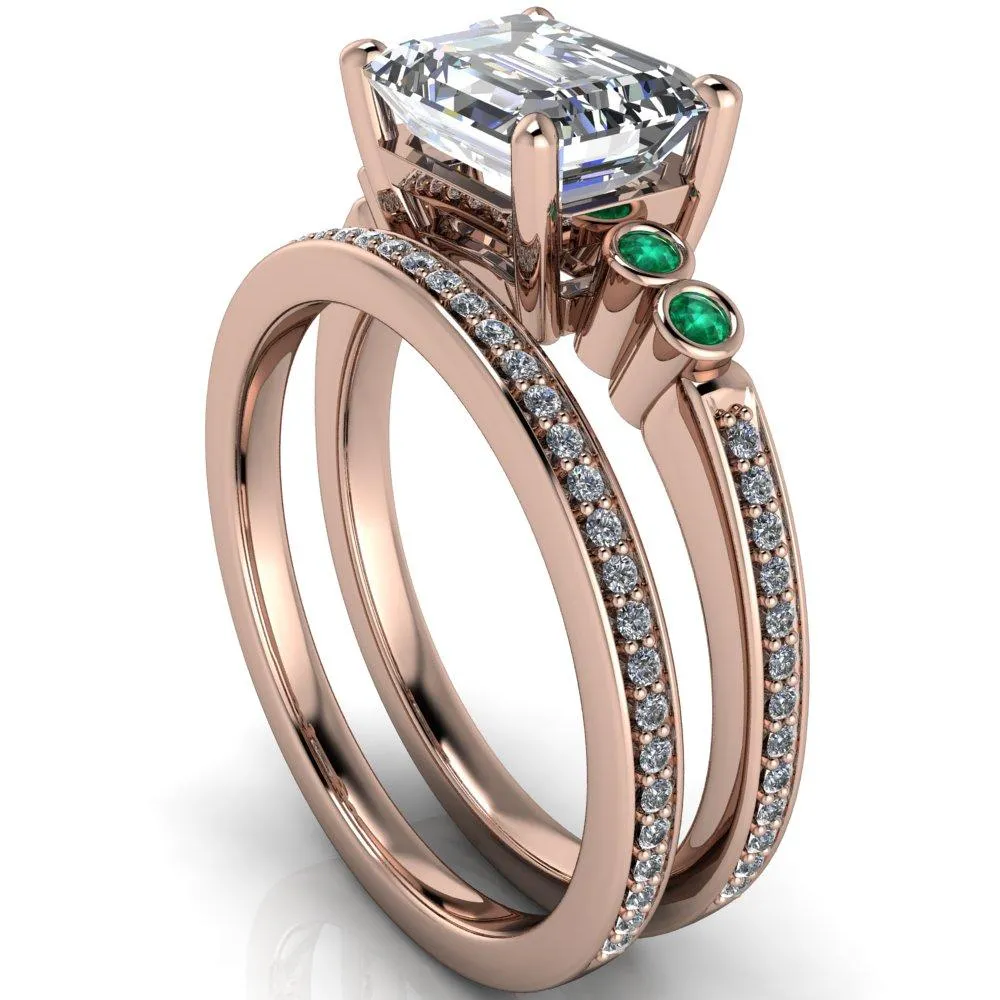 Philippa Emerald Moissanite 4 Emerald Sides 4 Prong Under Bezel Multi Stone Engagement Ring