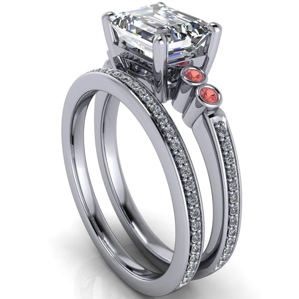 Philippa Emerald Moissanite 4 Padparadscha Sapphire Sides 4 Prong Under Bezel Multi Stone Engagement Ring