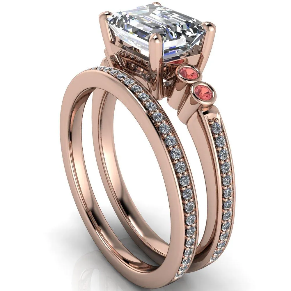 Philippa Emerald Moissanite 4 Padparadscha Sapphire Sides 4 Prong Under Bezel Multi Stone Engagement Ring