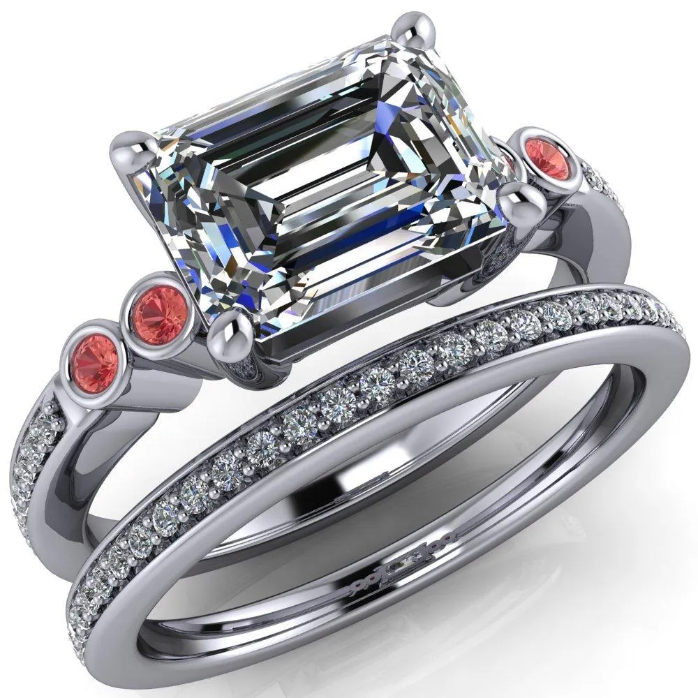 Philippa Emerald Moissanite 4 Padparadscha Sapphire Sides 4 Prong Under Bezel Multi Stone Engagement Ring