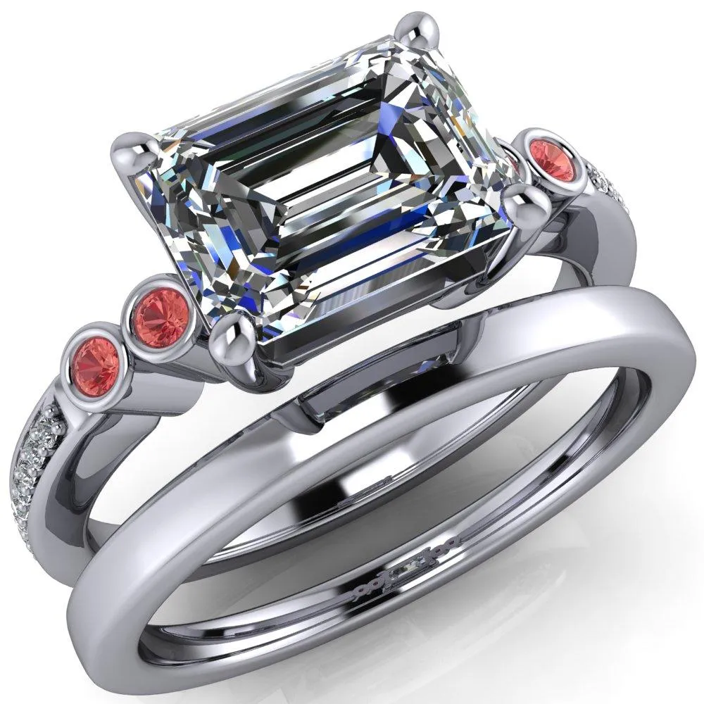 Philippa Emerald Moissanite 4 Padparadscha Sapphire Sides 4 Prong Under Bezel Multi Stone Engagement Ring