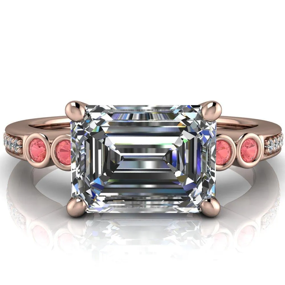 Philippa Emerald Moissanite 4 Padparadscha Sapphire Sides 4 Prong Under Bezel Multi Stone Engagement Ring