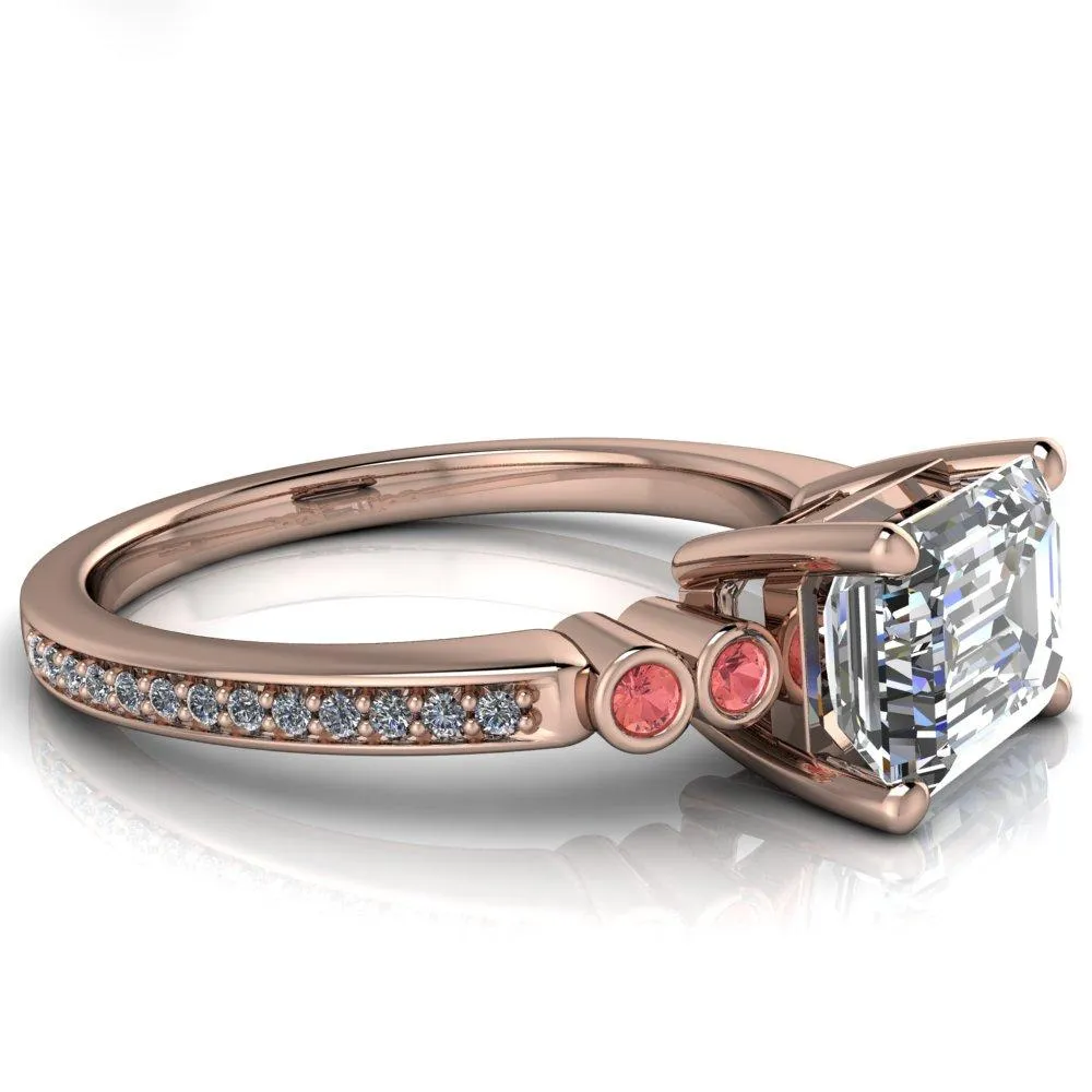 Philippa Emerald Moissanite 4 Padparadscha Sapphire Sides 4 Prong Under Bezel Multi Stone Engagement Ring