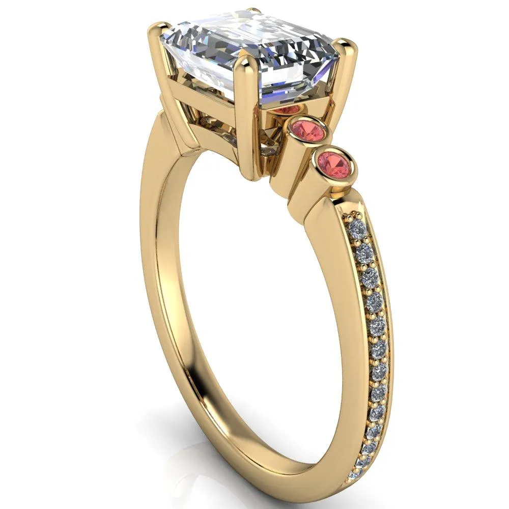 Philippa Emerald Moissanite 4 Padparadscha Sapphire Sides 4 Prong Under Bezel Multi Stone Engagement Ring
