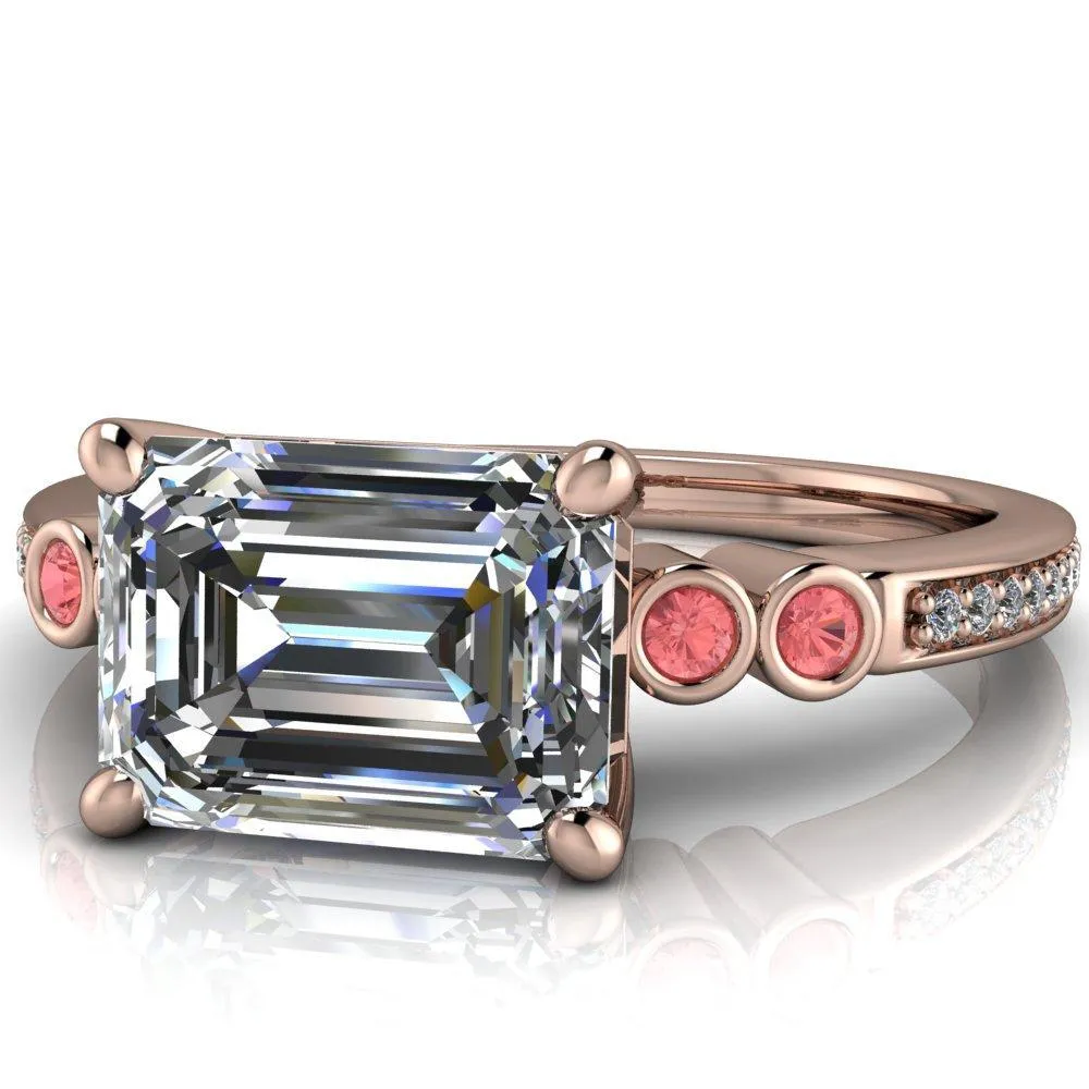 Philippa Emerald Moissanite 4 Padparadscha Sapphire Sides 4 Prong Under Bezel Multi Stone Engagement Ring