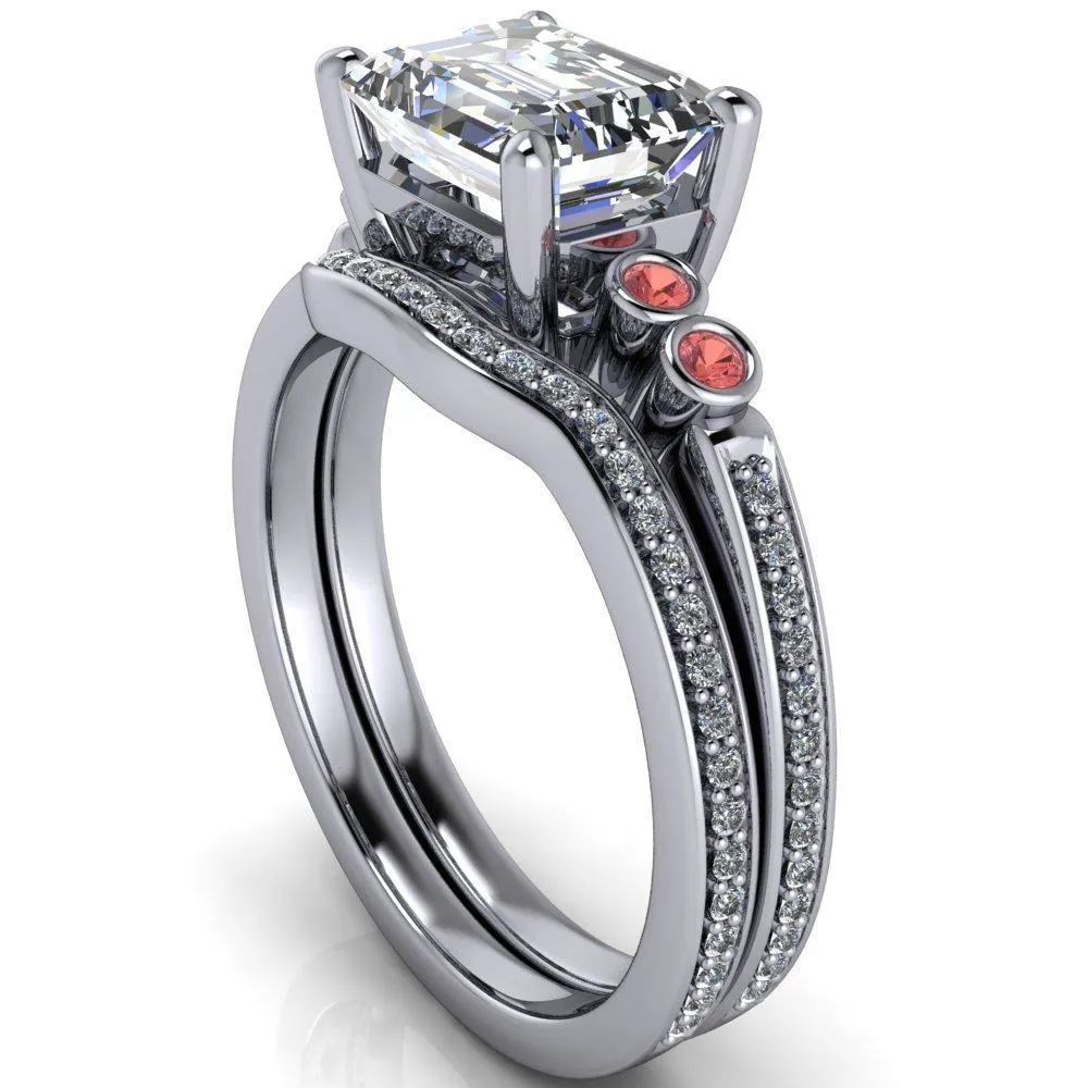 Philippa Emerald Moissanite 4 Padparadscha Sapphire Sides 4 Prong Under Bezel Multi Stone Engagement Ring