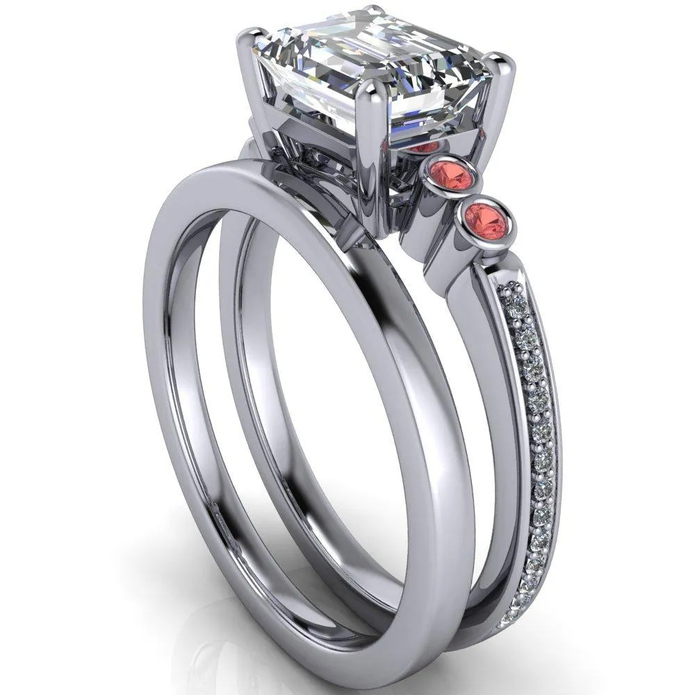 Philippa Emerald Moissanite 4 Padparadscha Sapphire Sides 4 Prong Under Bezel Multi Stone Engagement Ring